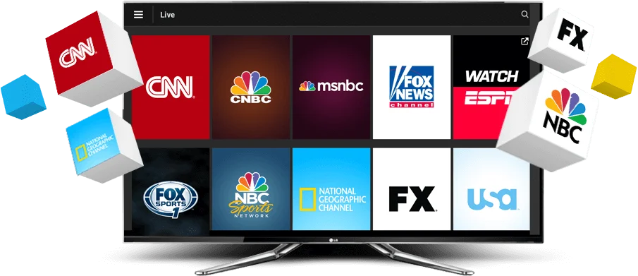 Smart TV pokazujący kanały IPTV TV, w tym CNN, Fox News, NBC, ESPN, FX i National Geographic